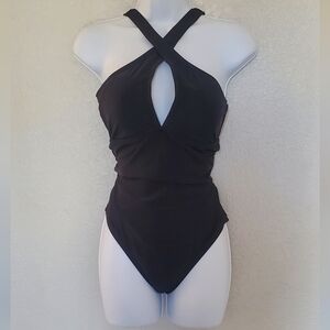 Kona Sol Black Multi-Way Convertible Keyhole Cross Neck Medium Swimsuit Medium